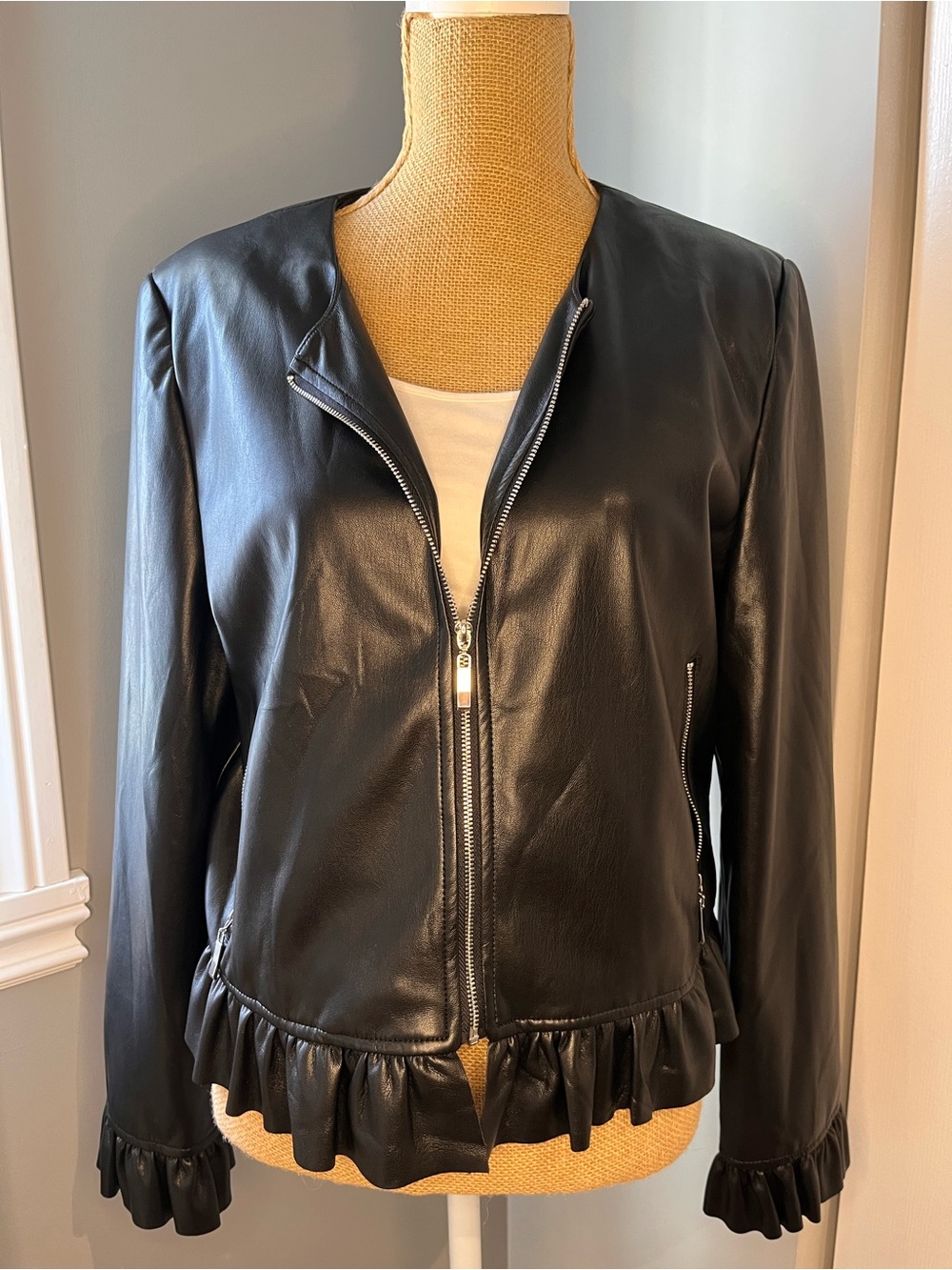 Vegan Black Leather Ruffle-Hem Zip Jacket